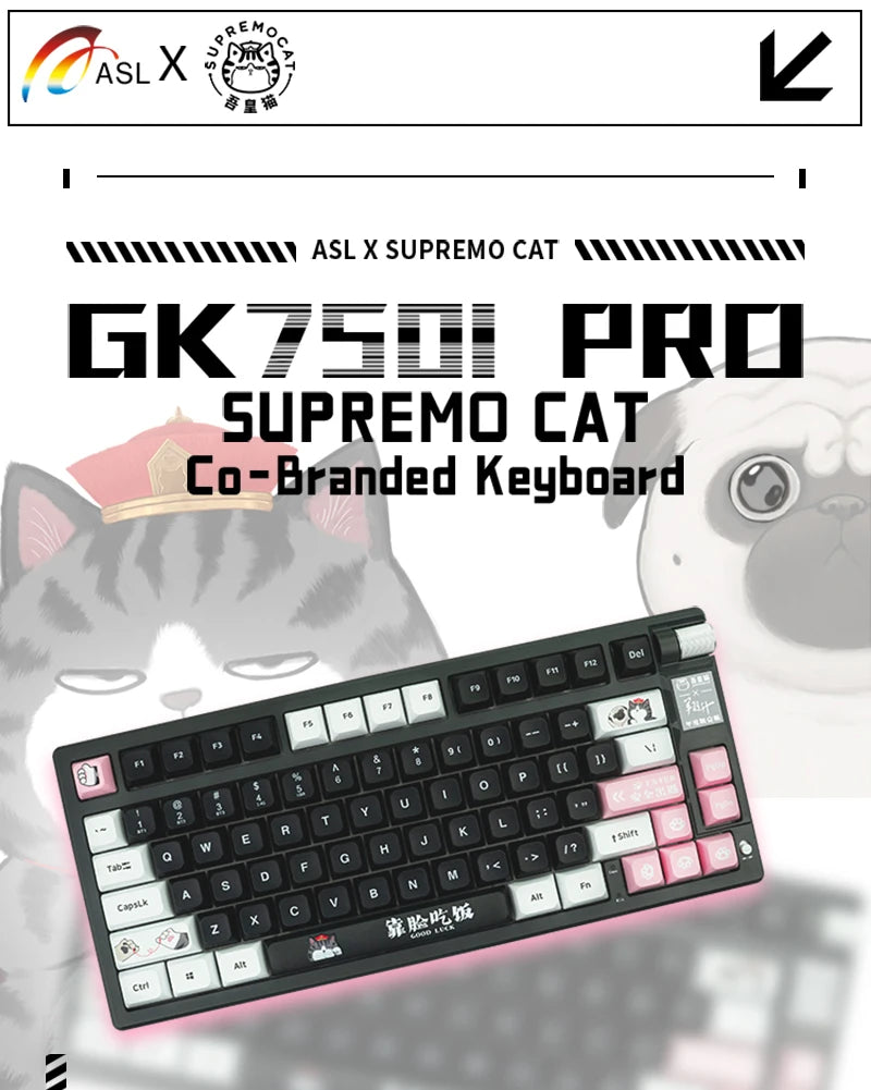 ASL & Supremo Cat Co-Branded Mechanical Keyboard Tri-Mode 2.4G Bluetooth Wireless Wired 79 Key 75% Layout RGB Gaming Keyboard