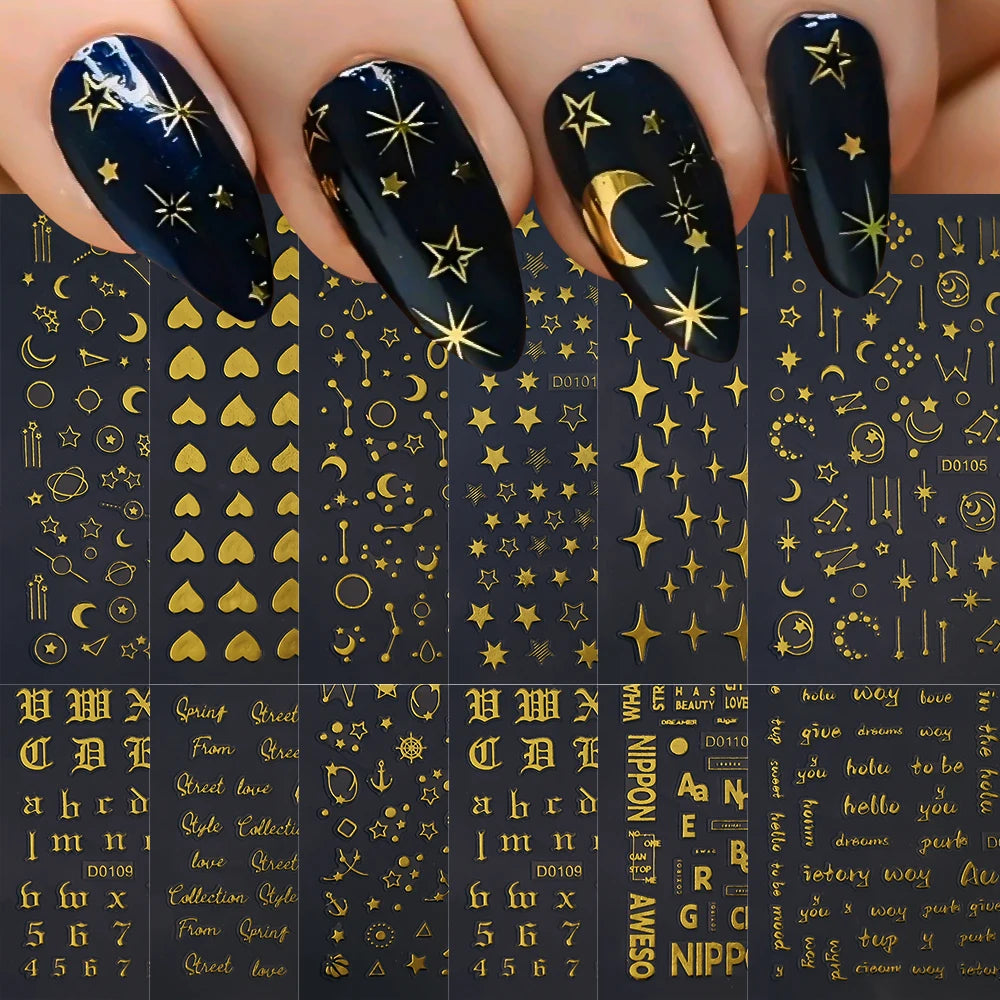 12Pcs Gold/Silver Tasse/Line/Star/Moon 3D Nail Art Stickers Leaf/Geometric Design Self-adhesive Sliders Luxury Manicure Decals