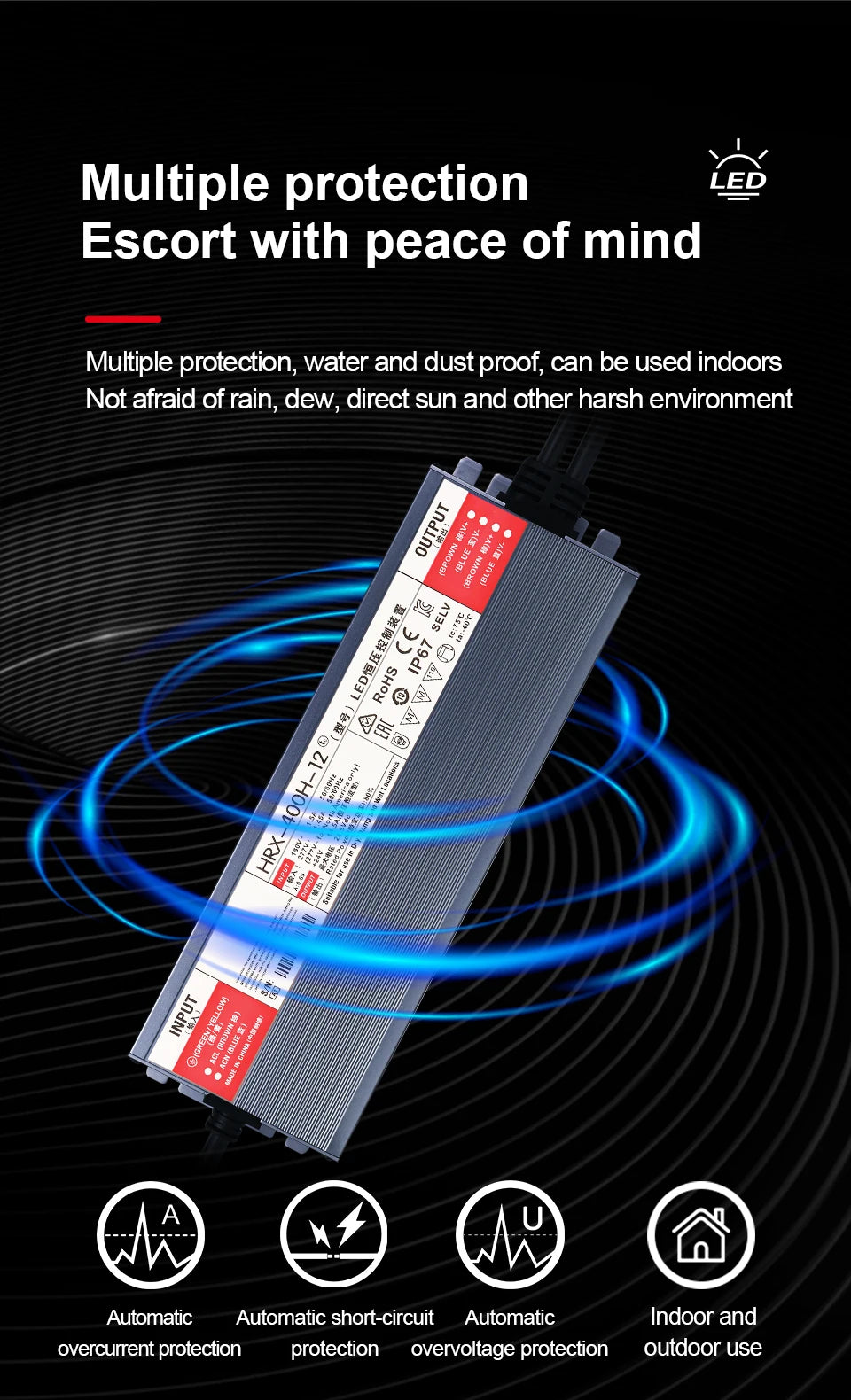 AC/DC waterproof lighting power supply IP6712V 24V outdoor LED driver 600W 500W 400W 300W 200W 100W transformer power supply