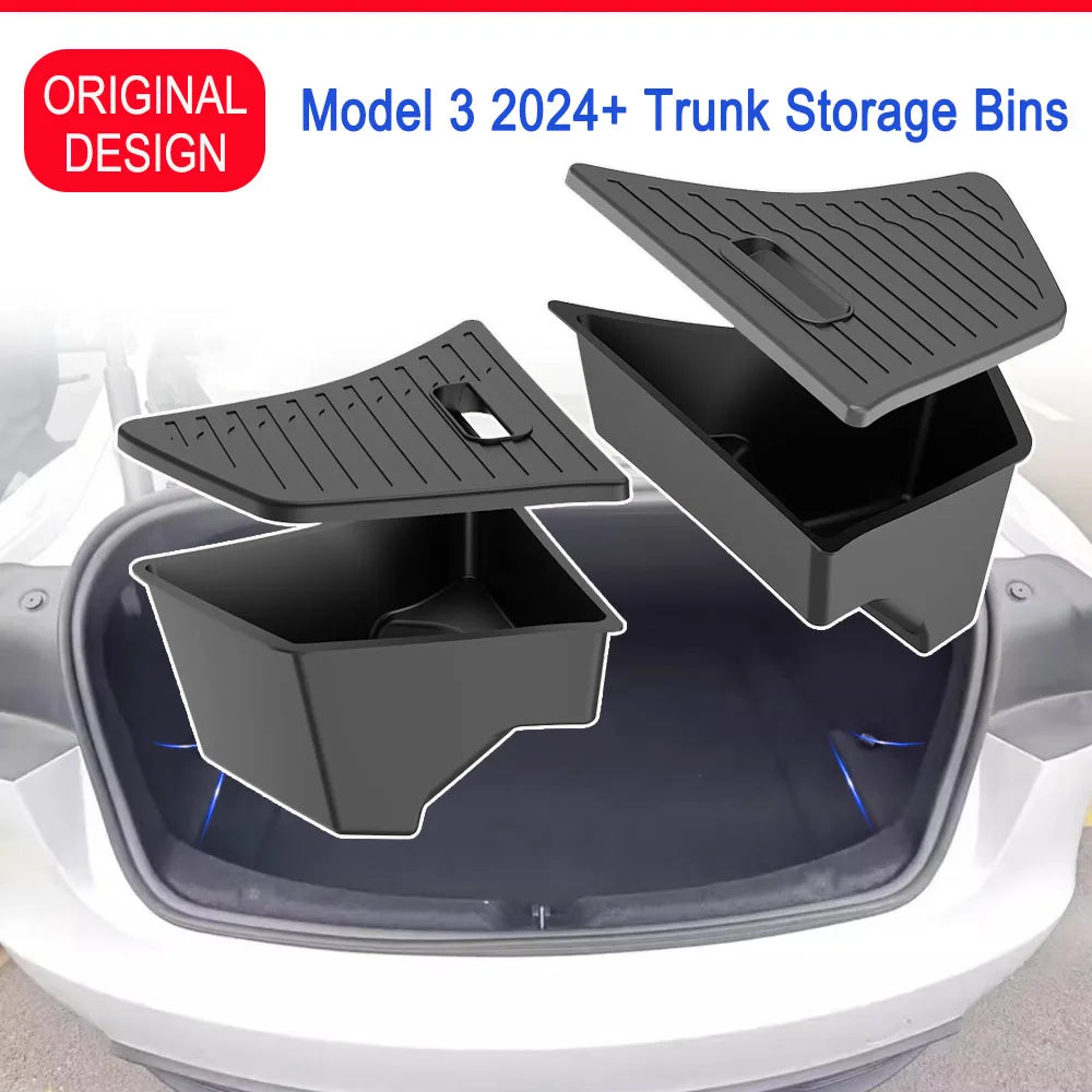 Trunk Organizer for Tesla Model 3 2024 2025 Waterproof Rear Trunk Storage Bins Side Box with Carpeted Lip Car Travel Accessories