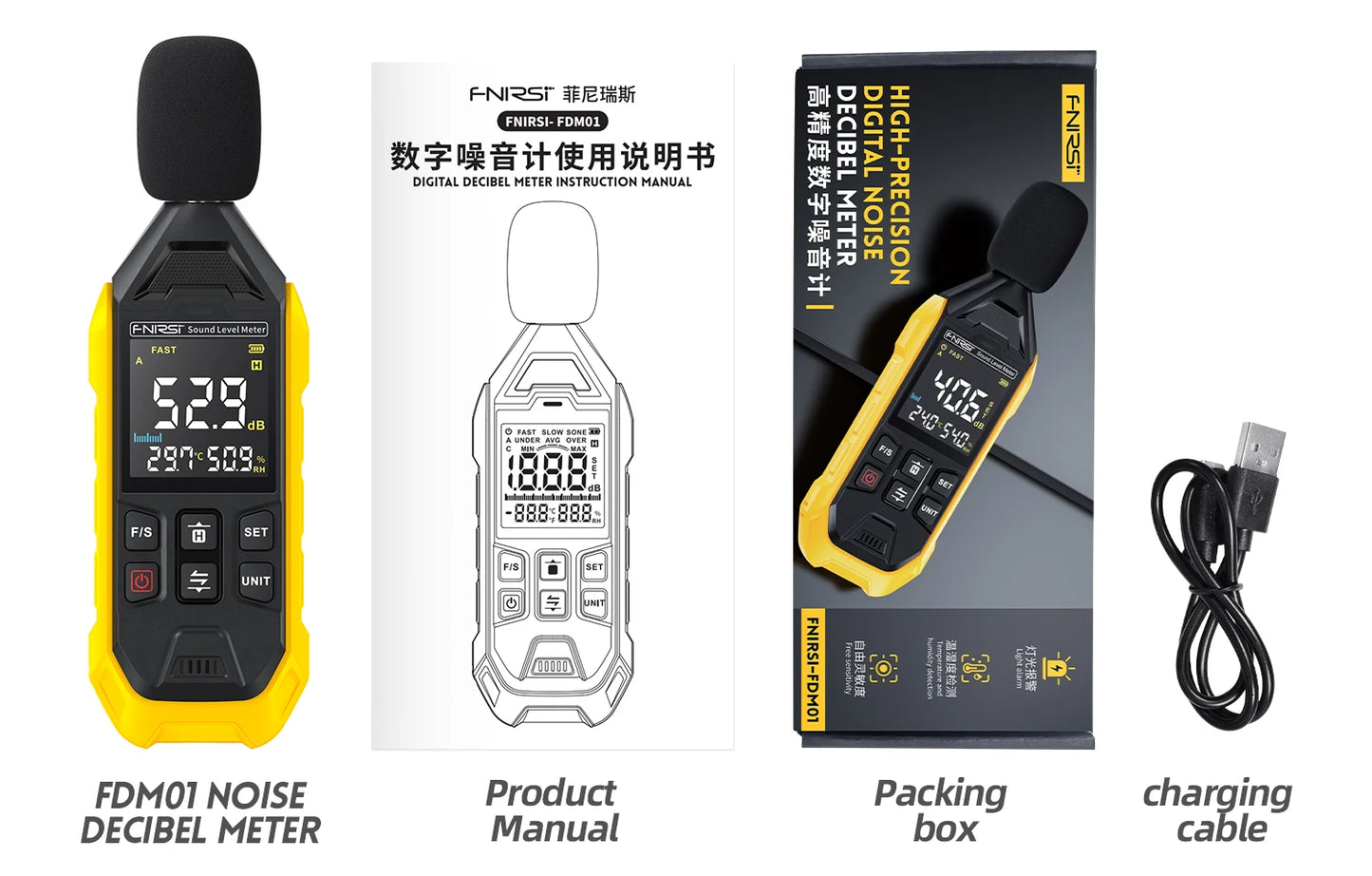 FNIRSI FDM01 Noise Measuring Instrument Sound Level Meter Digital Handheld DB Meter 30~130dB Audio Measuring Instrument