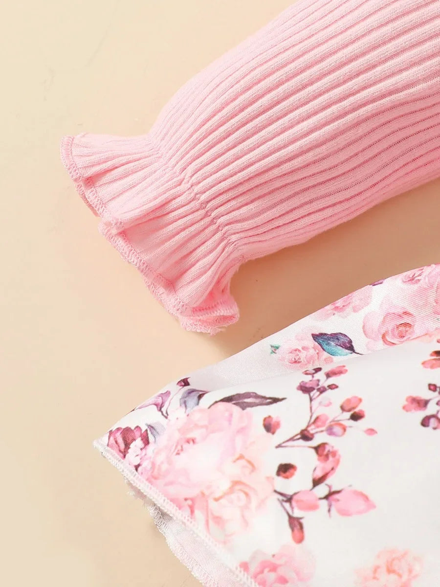 2PCS  Baby Girl Princess Romper Dress Long Sleeved Lovely Ribbed Floral Jumpsuit with Headband for Newborn Baby Girl 0-18 Months