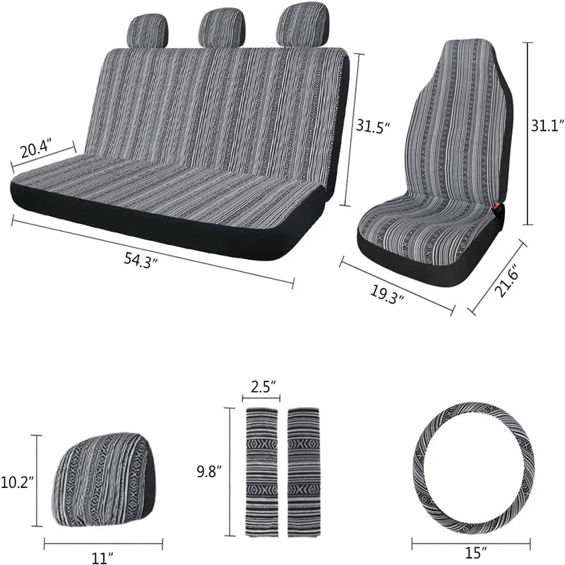5mm Universal Size Flax Striped Car Seat Covers with Seat Belt Pads Steering Wheel Cover Full Set Fit For Most Car SUV Van Truck