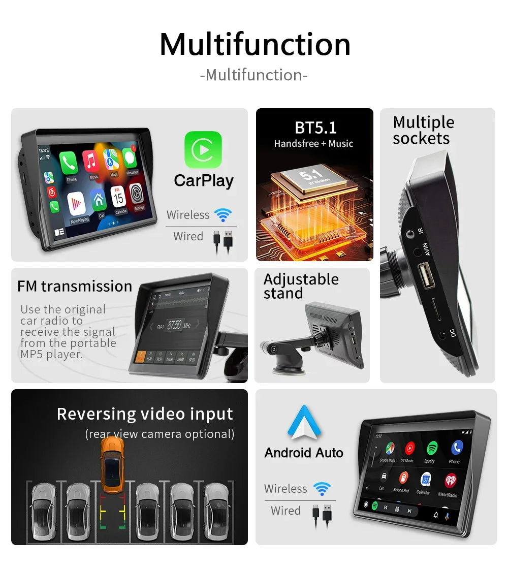 7 inch CarPlay Car Monitor Wireless Android-Auto Bluetooth FM Transmitter Buckup Camera Display USB HD MP5 Video Player