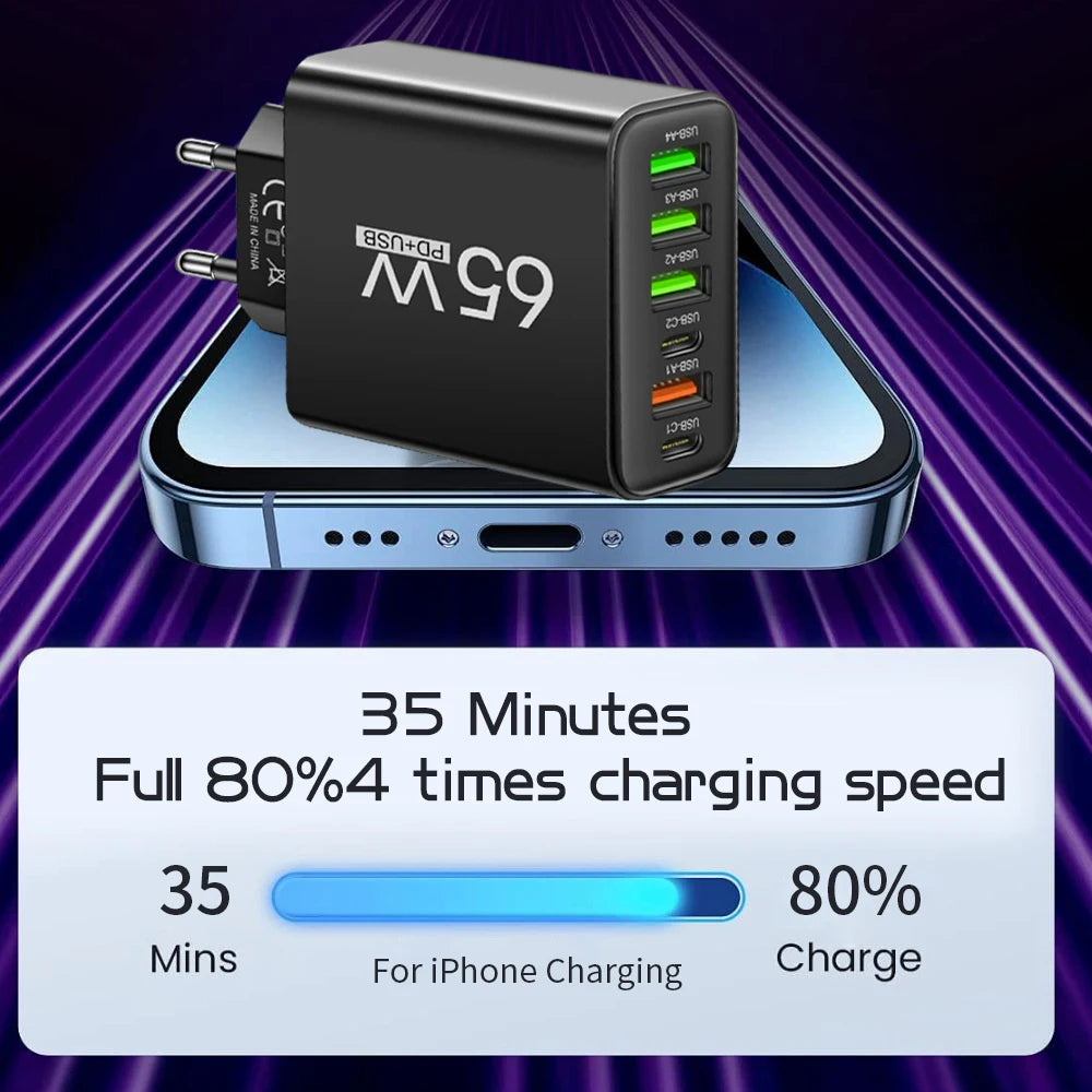 Multi Ports USB Charger 65W 6 in 1 Fast Charging Type C Phone Adapter For iPhone Samsung Xiaomi Huawei EU/US Plug Wall Charger