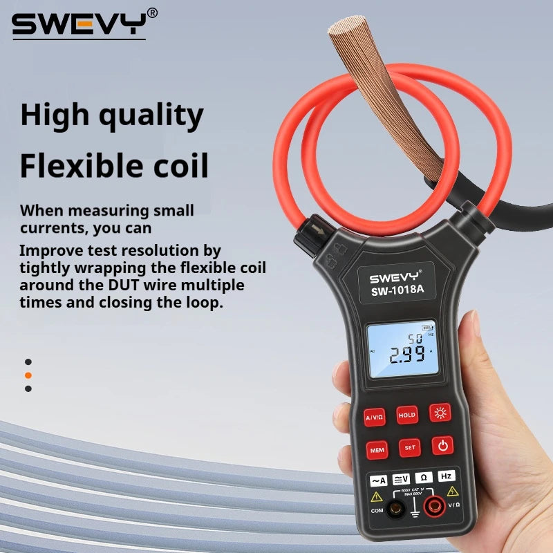 SWEVY SW1018A LCD Backlight Digital Flexible Current Clamp 0 mA - 9999A AC/DC Voltage, AC Current, and Resistance Test Multimete