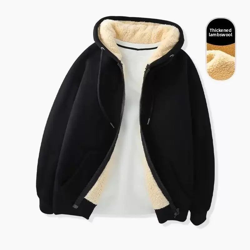 Autumn and winter sherpa jacket heavyweight velvet thickened men's sweatshirt solid color tops teenagers hooded cardigan men