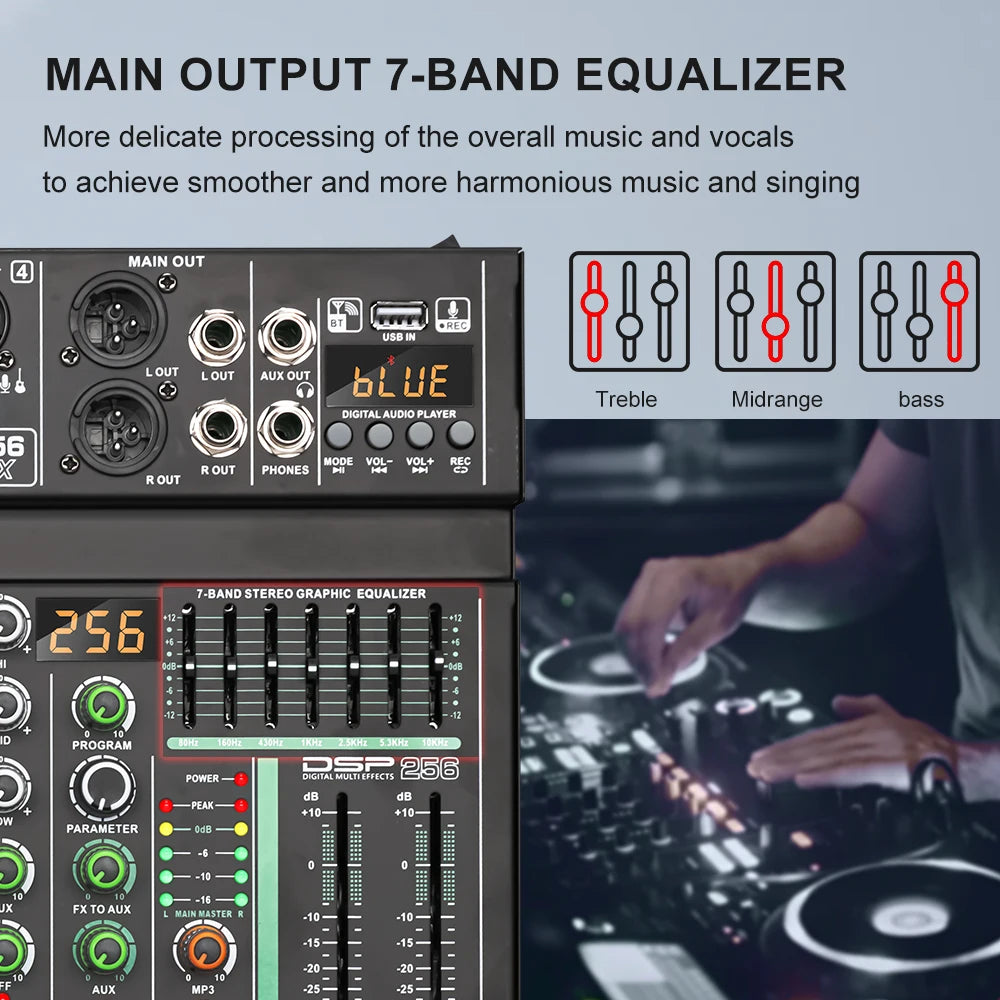 LEUS AU4 Channel 256 DSP Effect Audio Mixer Record PC 48V Phantom Power USB Sound Mixers Bluetooth DJ Console Mixing for Karaok