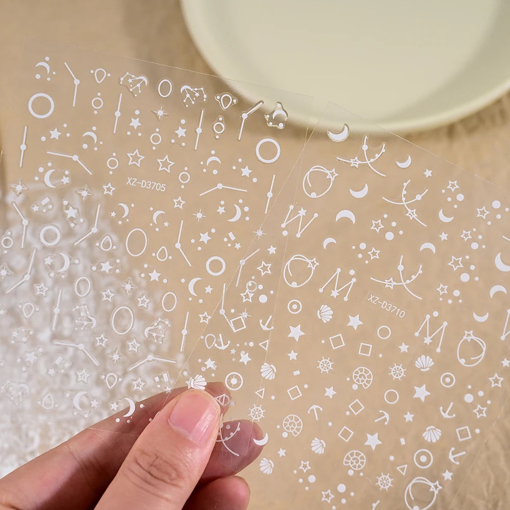 12Pcs Gold/Silver Tasse/Line/Star/Moon 3D Nail Art Stickers Leaf/Geometric Design Self-adhesive Sliders Luxury Manicure Decals