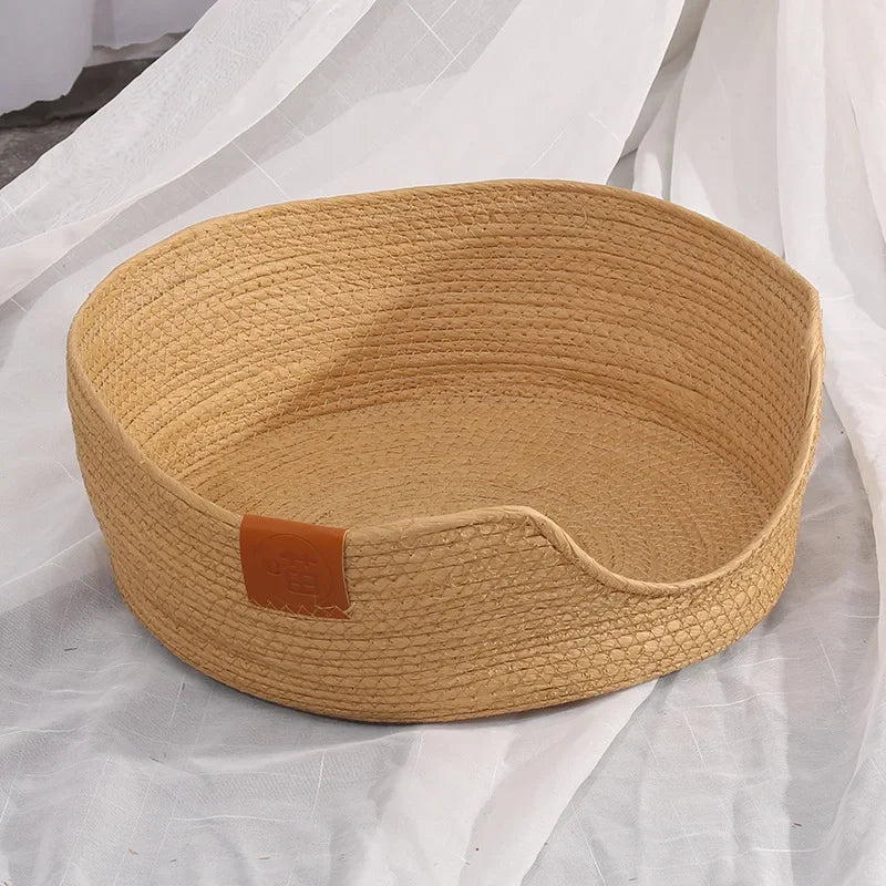 Woven Rattan Cat Basket Nesting Bed All-Season Cozy Kitten Lounger Cushion Scratching Board Detachable 2 in1 Cats Beds House