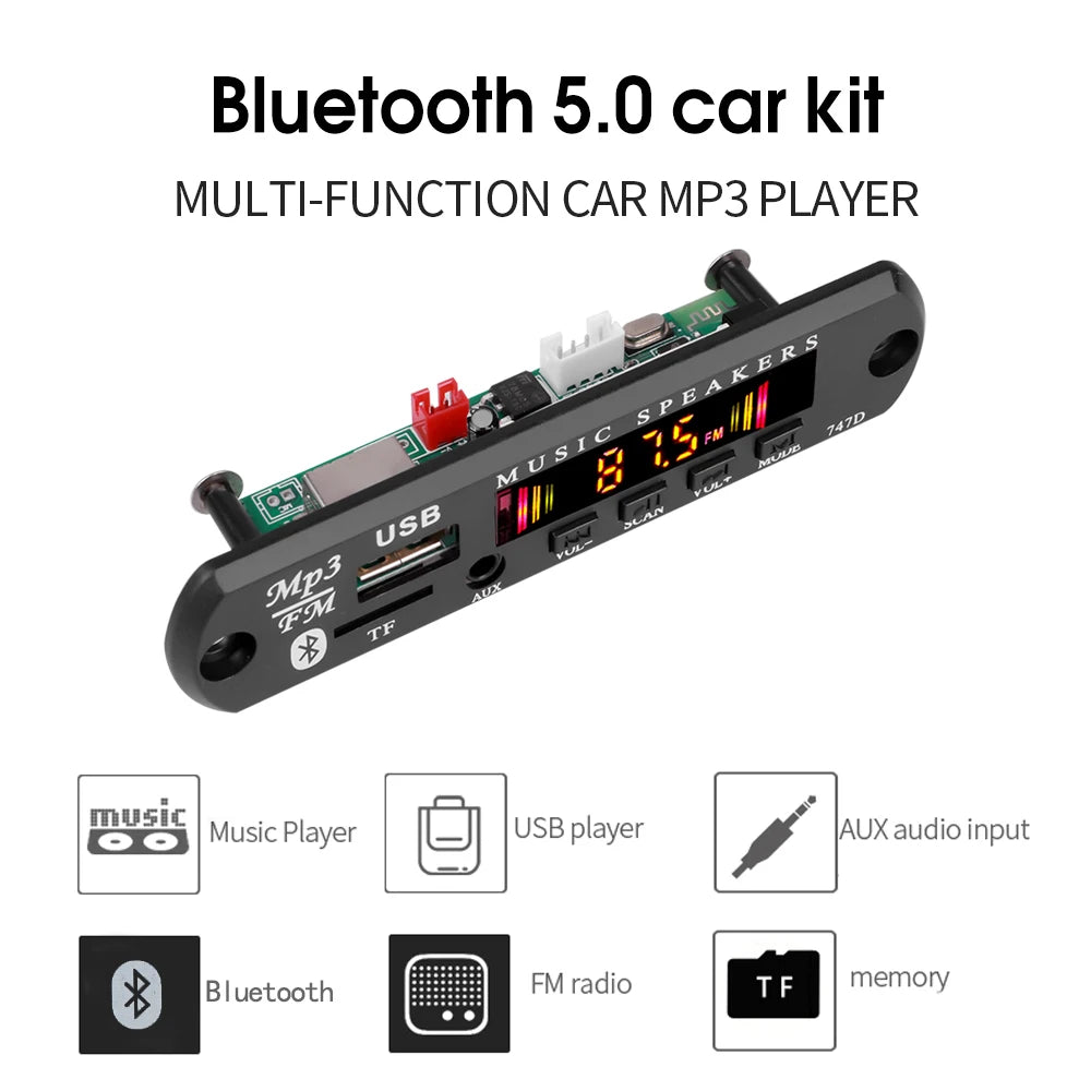 Kebidu 6V-24V Bluetooth 5.0 Car Kit Wireless MP3 Decoder Board Audio WMA Car Music Player Module Lossless Audio USB AUX TF Radio