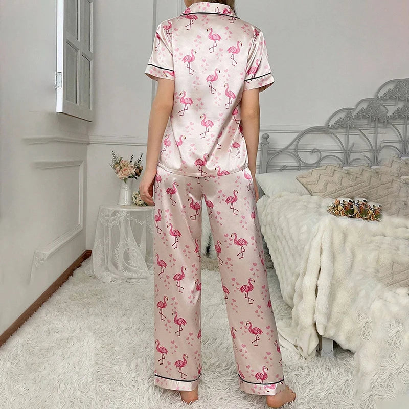 Satin Pajamas For Women Home Clothes Autumn Short Sleeve Turn-down Collar Tops Pants Sleepwear Flamingo Print Pyjama 2 Piece Set