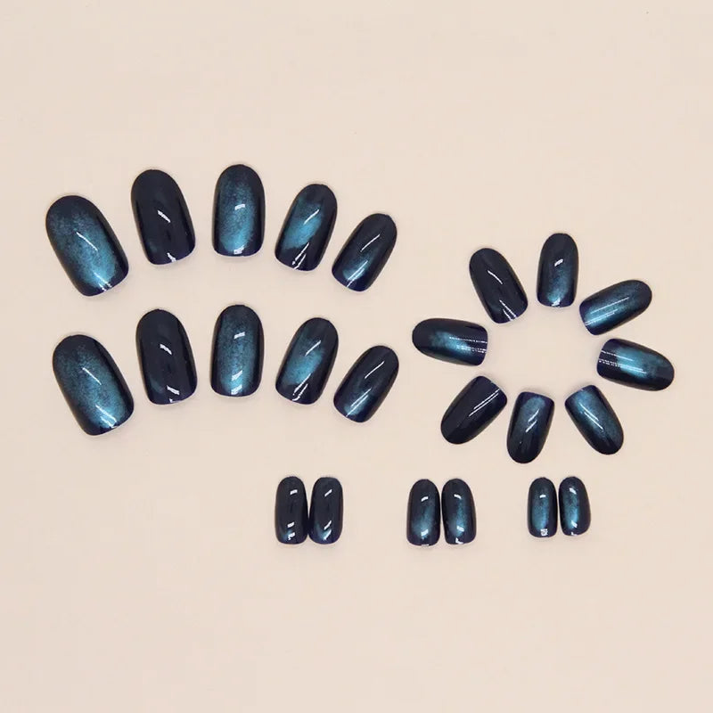 Dark Blue Cat Eyes 24 Pcs Press on Nails Pink Gradient Fake Nails Glossy Artificial Finger Manicure Reusable False Nails