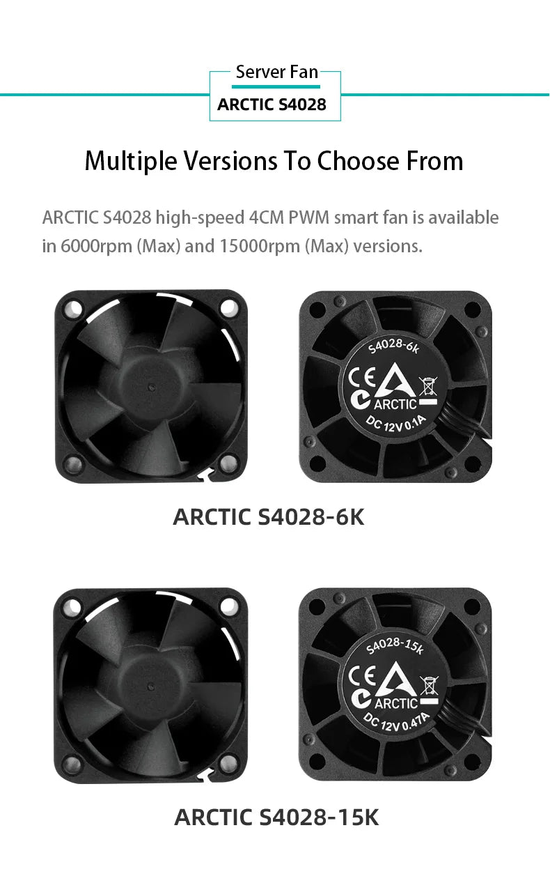 ARCTIC S4028 40x40x28mm Server Fan Double Ball Bearing 6000-15000 RPM 4-Pin 12V DC Black for Computer Hardware Cooling