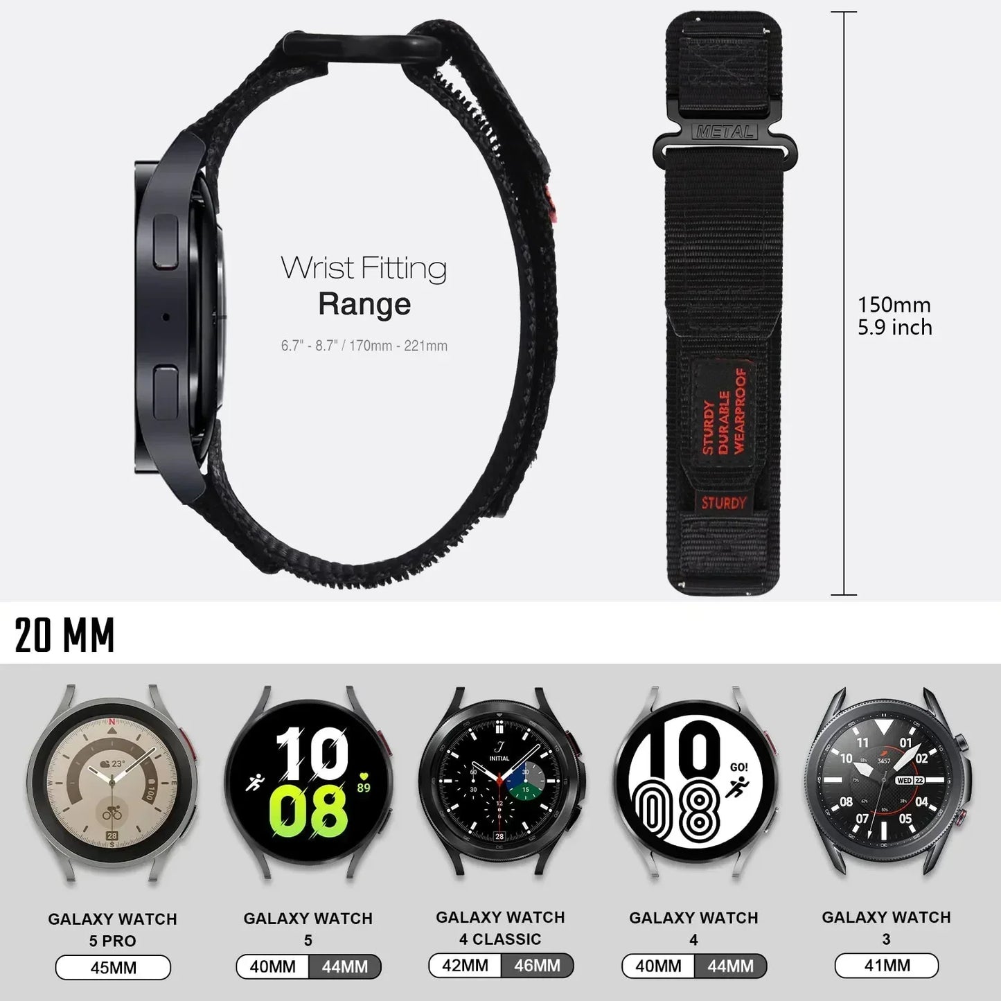 20 22mm Universal Nylon Strap for Samsung Galaxy Watch 7 6 4 5Pro/6Classic/Active2 Quick Fit Sport Bracelet for Huawei GT4 Band