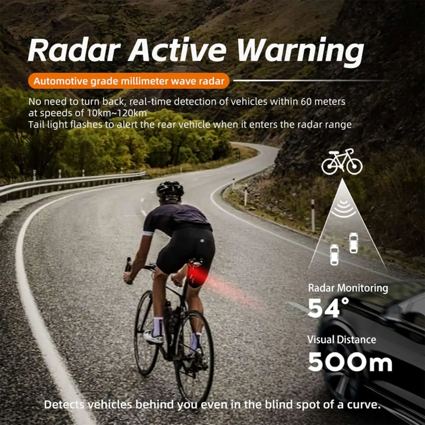 CYCLAMI Bicycle Intelligent Radar Taillight Bike Smart Brake Sensing Rear Lamp with Beeper Alarm Cycling Safety Tail Light RT02
