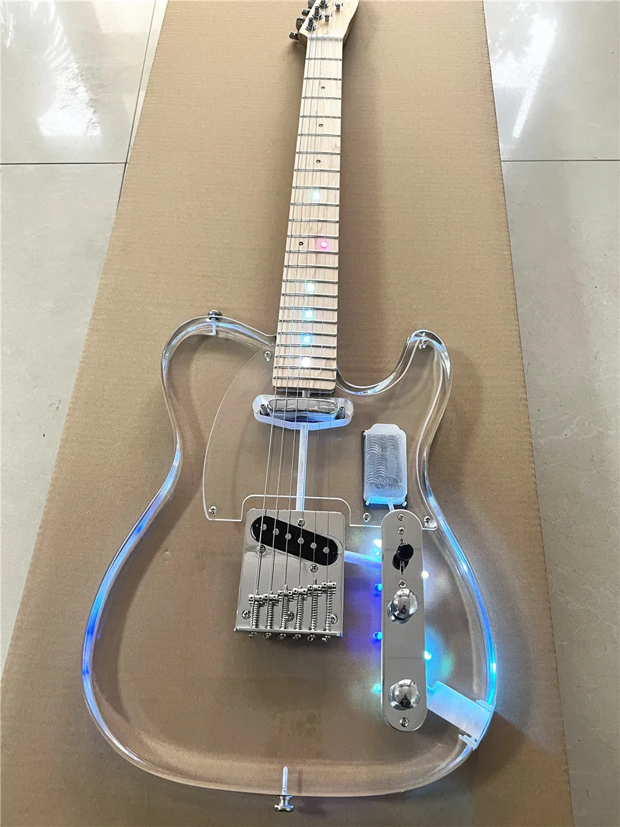 High quality classic acrylic transparent Plexiglass crystal 6-string electric guitar LED lights Maple guitar neck Free shipping