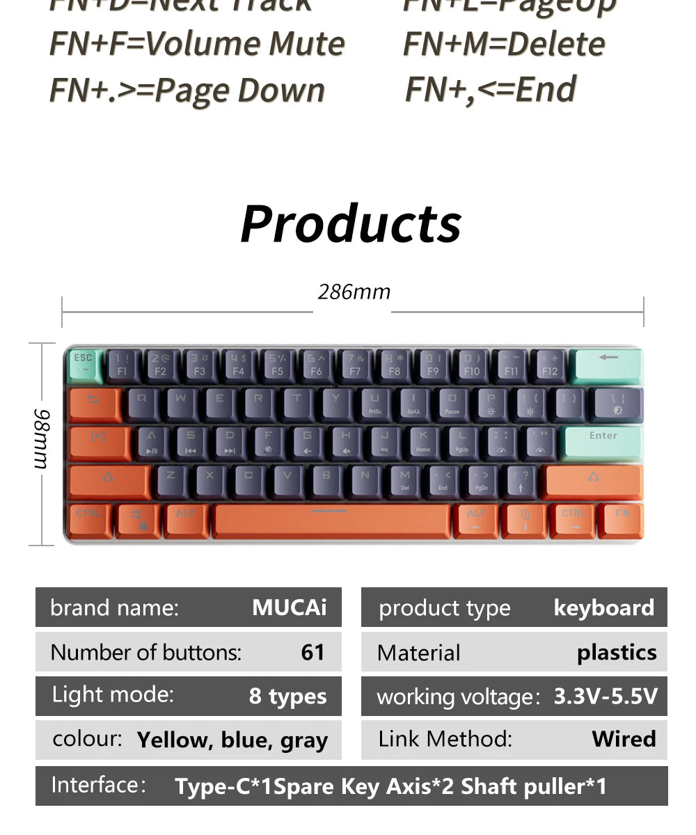 MUCAI 61 key mechanical keyboard mini portable practical red axis wired hot swappable RGB cool effect