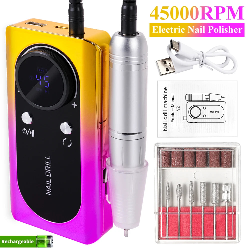 45000RPM Nail Drill Machine Kit Rechargeable Electric Portable Nail Sander File for Gel Nails Polishing For Manicure Salon Home