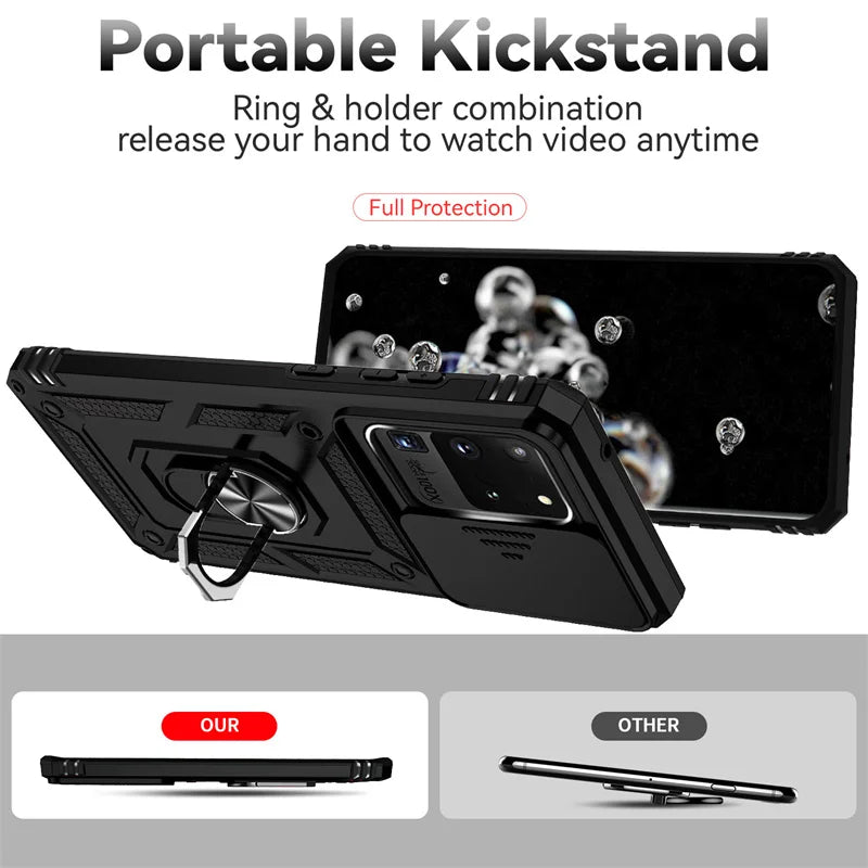 Silde Lens Armor Shockproof Phone Case For Samsung Galaxy S20 Ultra S20 Plus S 20 FE S20+ Magnetic Car Holder Ring Protect Cover
