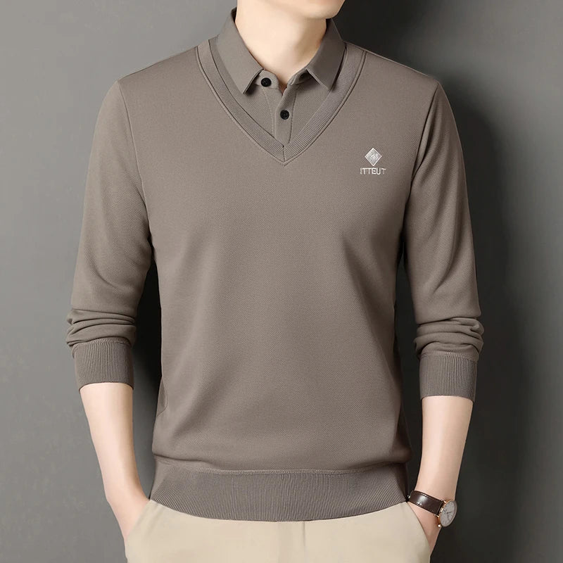 Men's Winter Sweater Velvet Pullover Solid Color Slim Fit Elegant Luxury Brand Knitwear Fake Two Pieces Knitted Sweaters