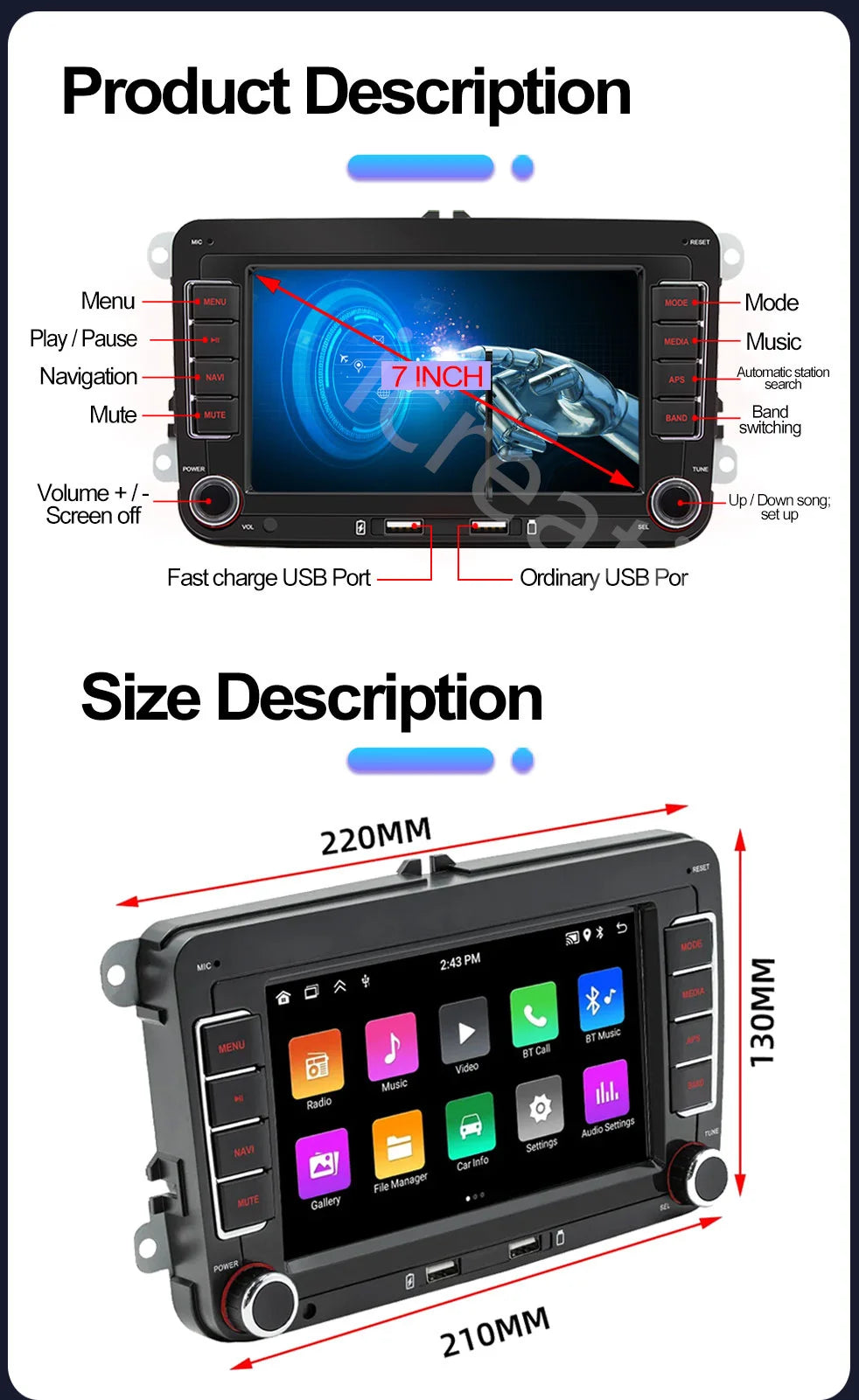 2Din Car Radio Android for Volkswagen Golf 5 6 Polo Passat B6 B7 CC Skoda Jetta Universal Multimedia Carplay Wifi GPS Navigation