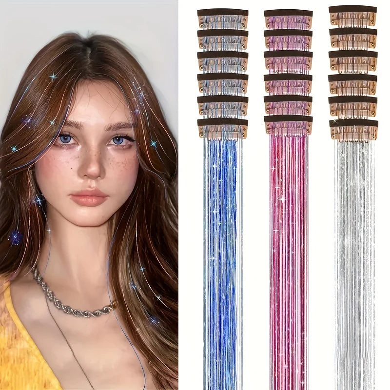 12pcs Per Pack of BB Hair Clips,Shiny Metallic Hair Extensions with Clips,Synthetic Hair, Sparkling Hair Accessories for Women