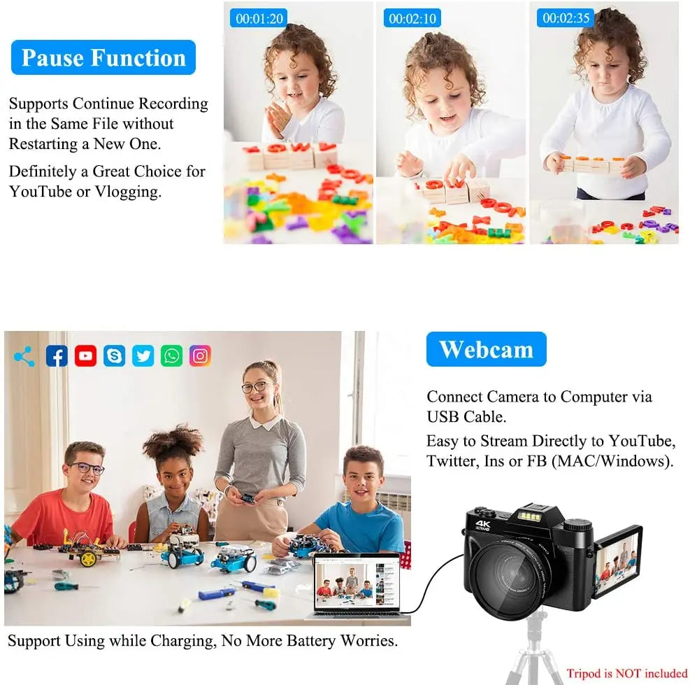 4K HD Professional Digital Camera Camcorder WIFI Webcam Wide Angle 16X Digital Zoom 48MP Photography 3 Inch Flip Screen Recorder