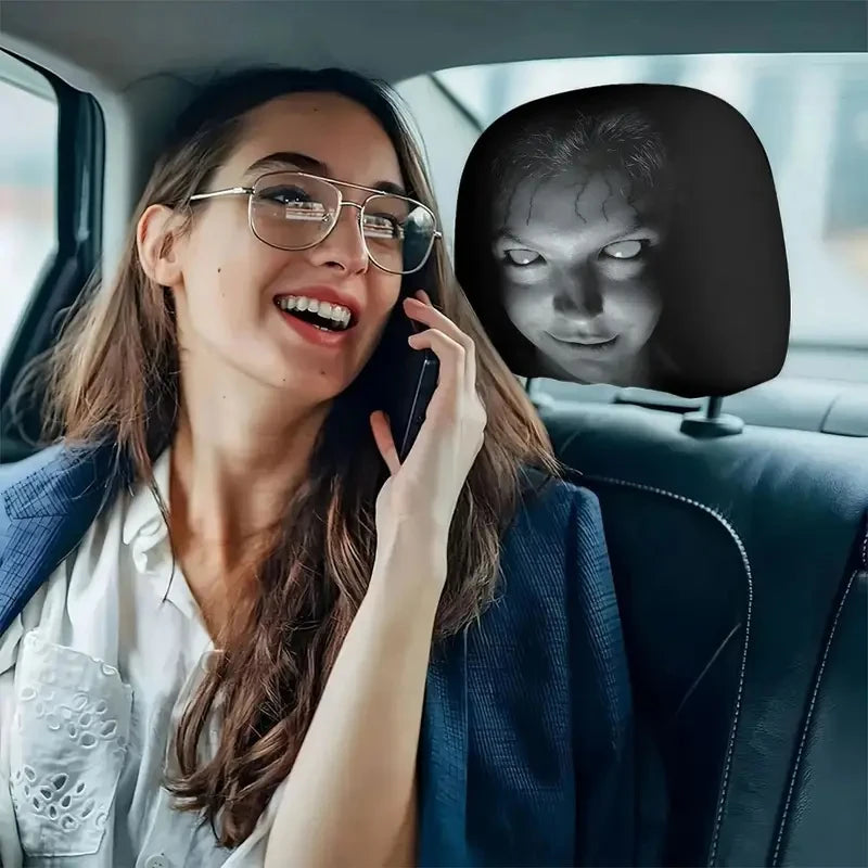 2Pcs Halloween Horror Face Printing Car Headrest Covers Universal Elastic Car Seat Headrest Cover Dustproof Protective Sleeve