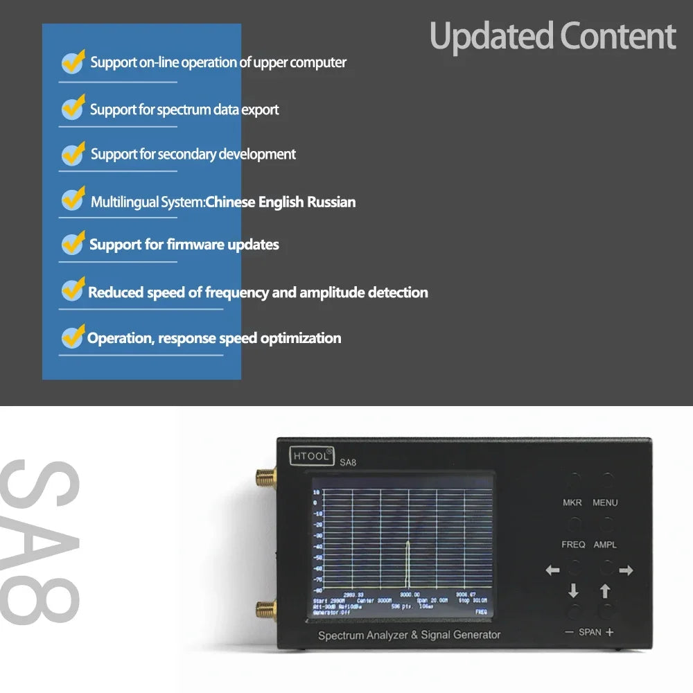 HTOOL SA8 Spectrum Analyzer 35M-6.2GHz Signal Generator 9KHz-3GHz Near Field Probe Locating Interference Source EMC EMI Testing