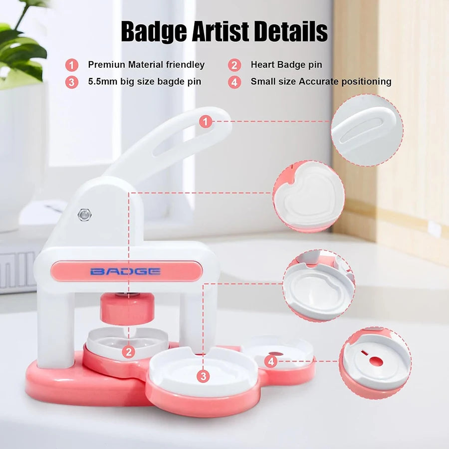 3in1 Button Maker Machine,Round/Heart Magnet DIY Pin Badge Maker,Portable Press Machine Badge Punch Kit with 36 Patterns Badges