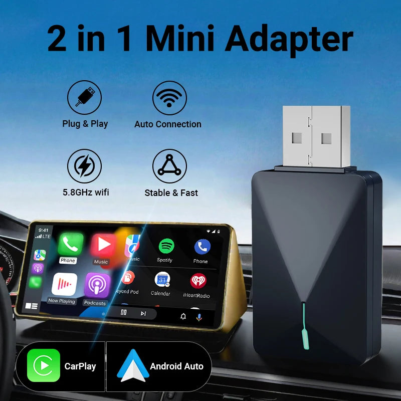Mini Box Wired to Wireless CarPlay and Android Auto 5GHz WiFi5 Transmission Speed Plug and Play Fashionable and Portable