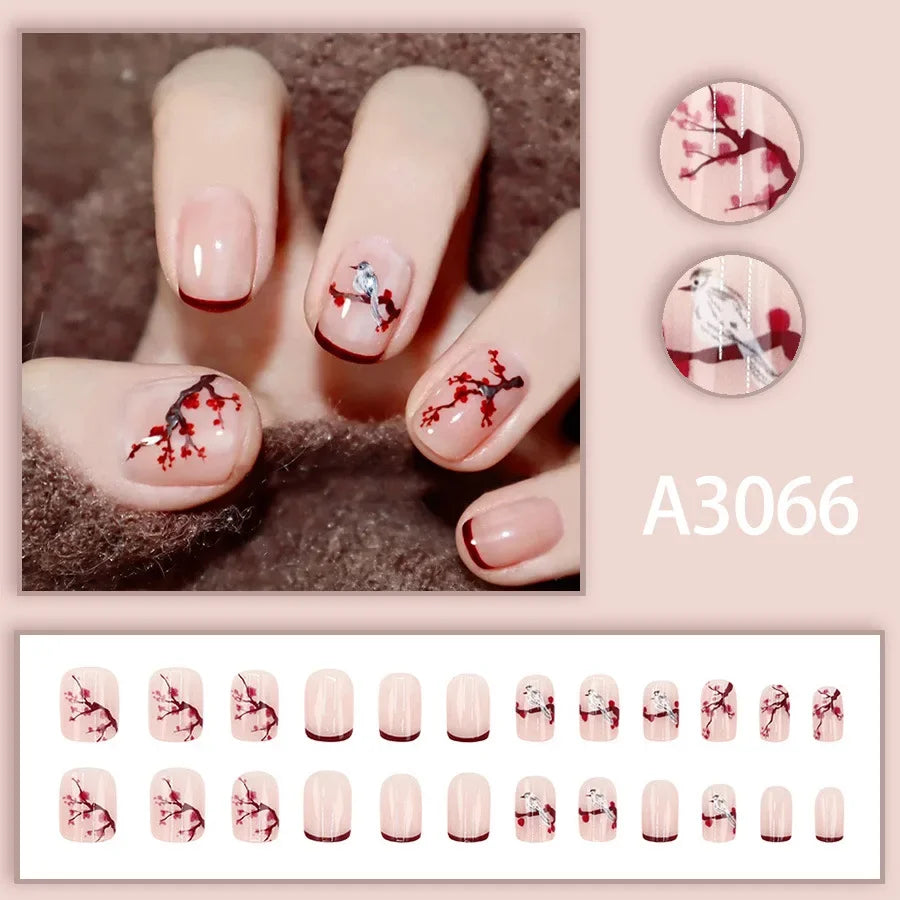 Watercolor Rose Fake Nail with Jelly sticker Press on False Nails Wearable Round Head Oval Full Cover Nail Tips