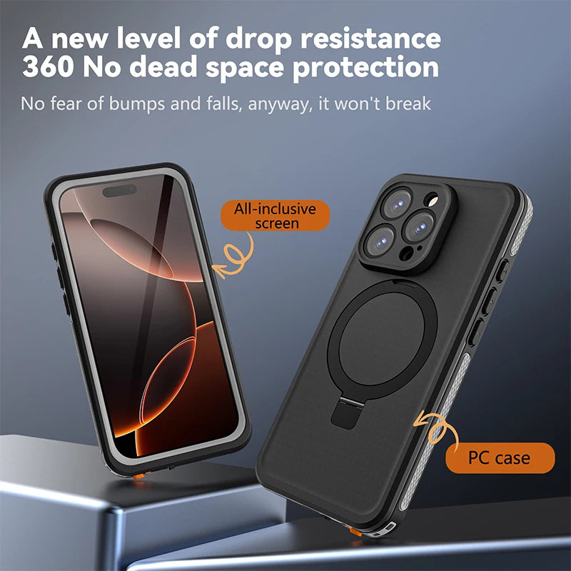 Magnetic Charging with Stand Anti Fall IP68 Waterproof Case For iPhone 16 15 Pro Max Plus Drop proof Diving Swim Outdoor Sport