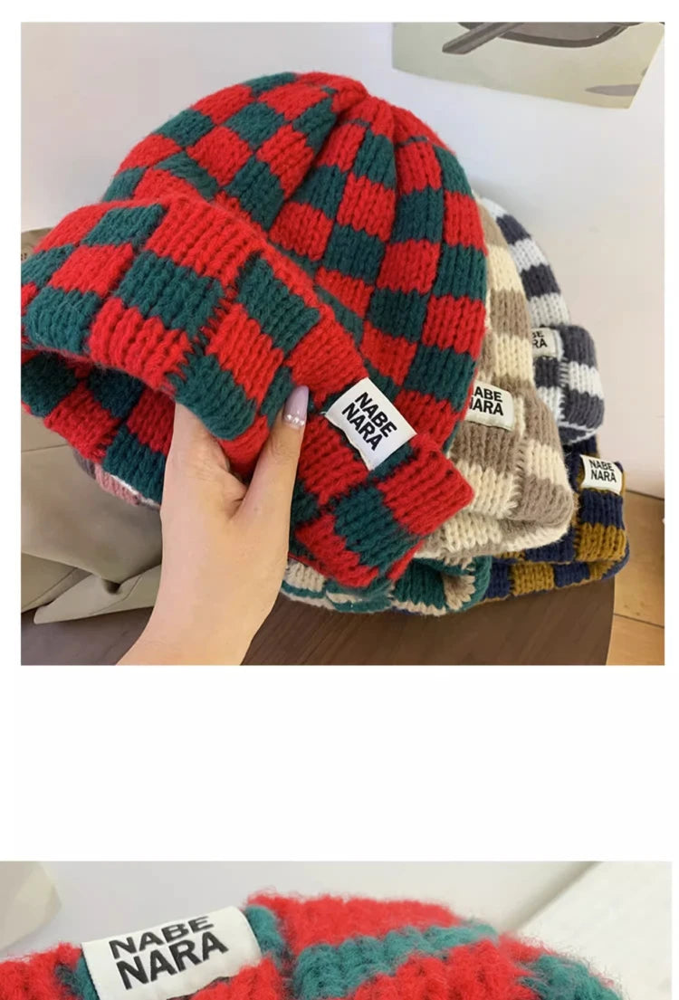 Luxury Brand Chessboard Plaid Knitted Hat Women Winter New Big Size Hat Warm Beanies Skullies Green Red Xmas Christmas Hat