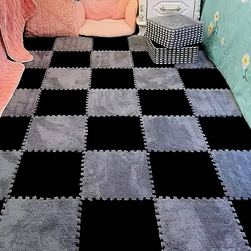 12Pcs Interlocking Carpet Tiles 11.8"x11.8", Washable Non-Slip EVA Polyester Floor Mat, Cuttable DIY Bedside Rug