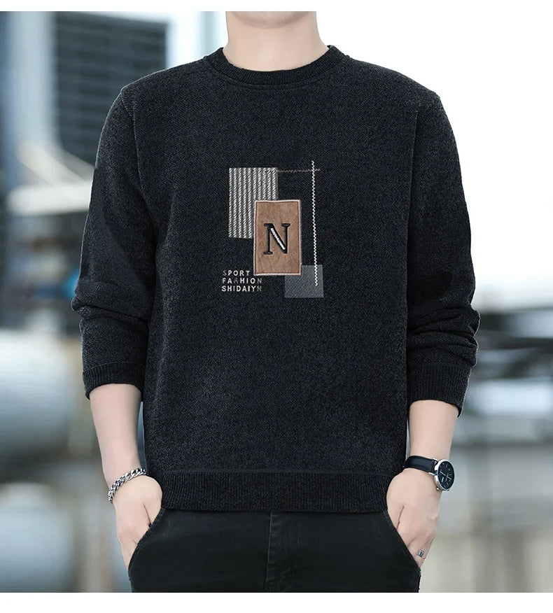 Sweater Men Knitted Round Neck Pullovers Fleece Thick Warm Winter Knitwear Y2K Fashion Jumpers Men's Clothes