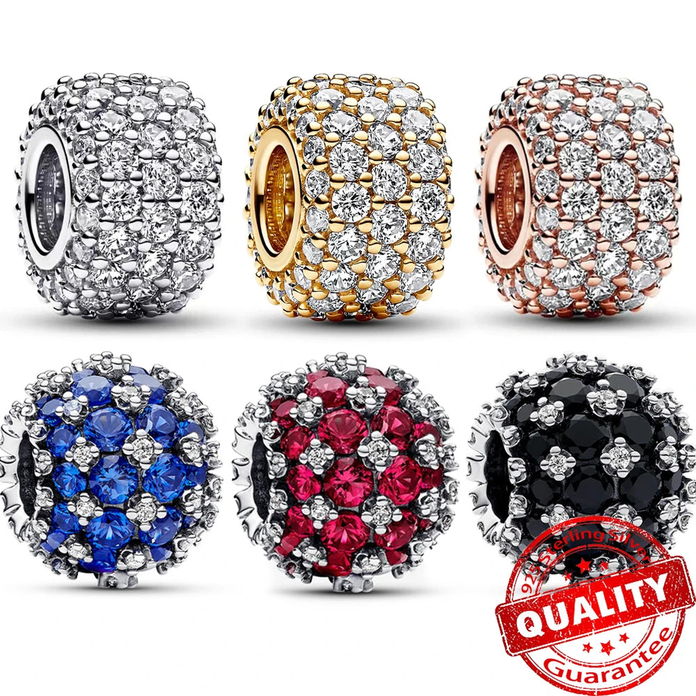 Sparkling 925 Sterling Silver Pavé Round Pink Charm Fit Original Bracelet Blue Charm Beads Women Necklace Fine Jewelry Gift