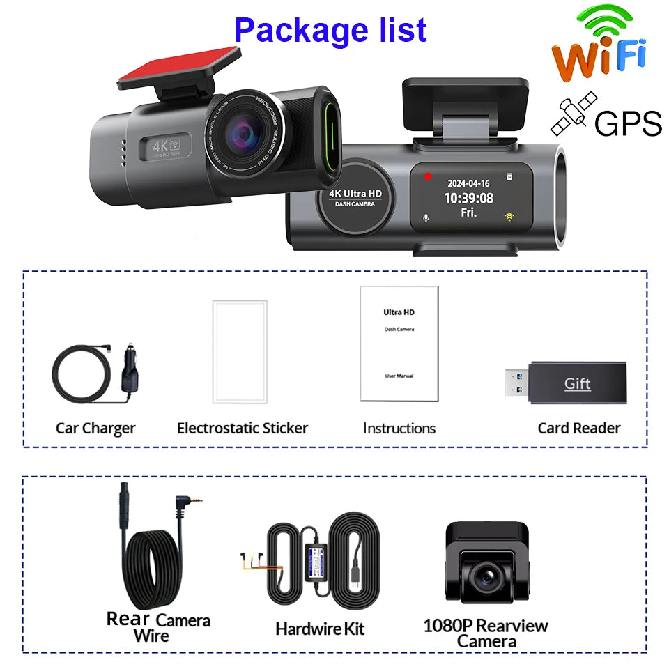 Dash Cam Dual Lens 4K UHD Recording Car Camera DVR Night Vision Video Recorder With GPS Wi-Fi Room Black Box Rear View Camera