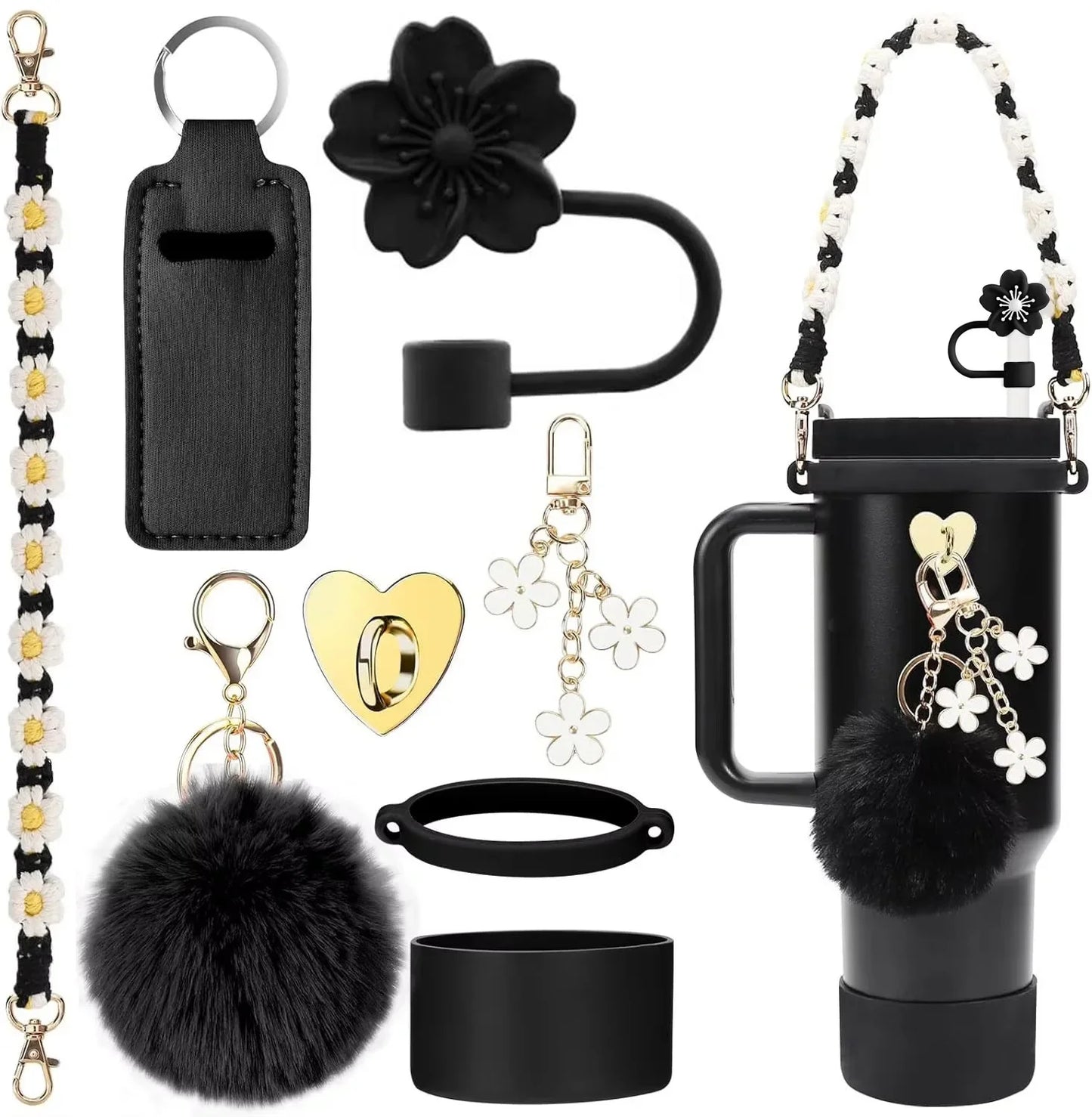 7/8pcs Cup Accessories Set for Stanley Cup Including Handle Strap Siliocne Cup Boot Straw Cover Charms for 40oz 30oz Tumbler