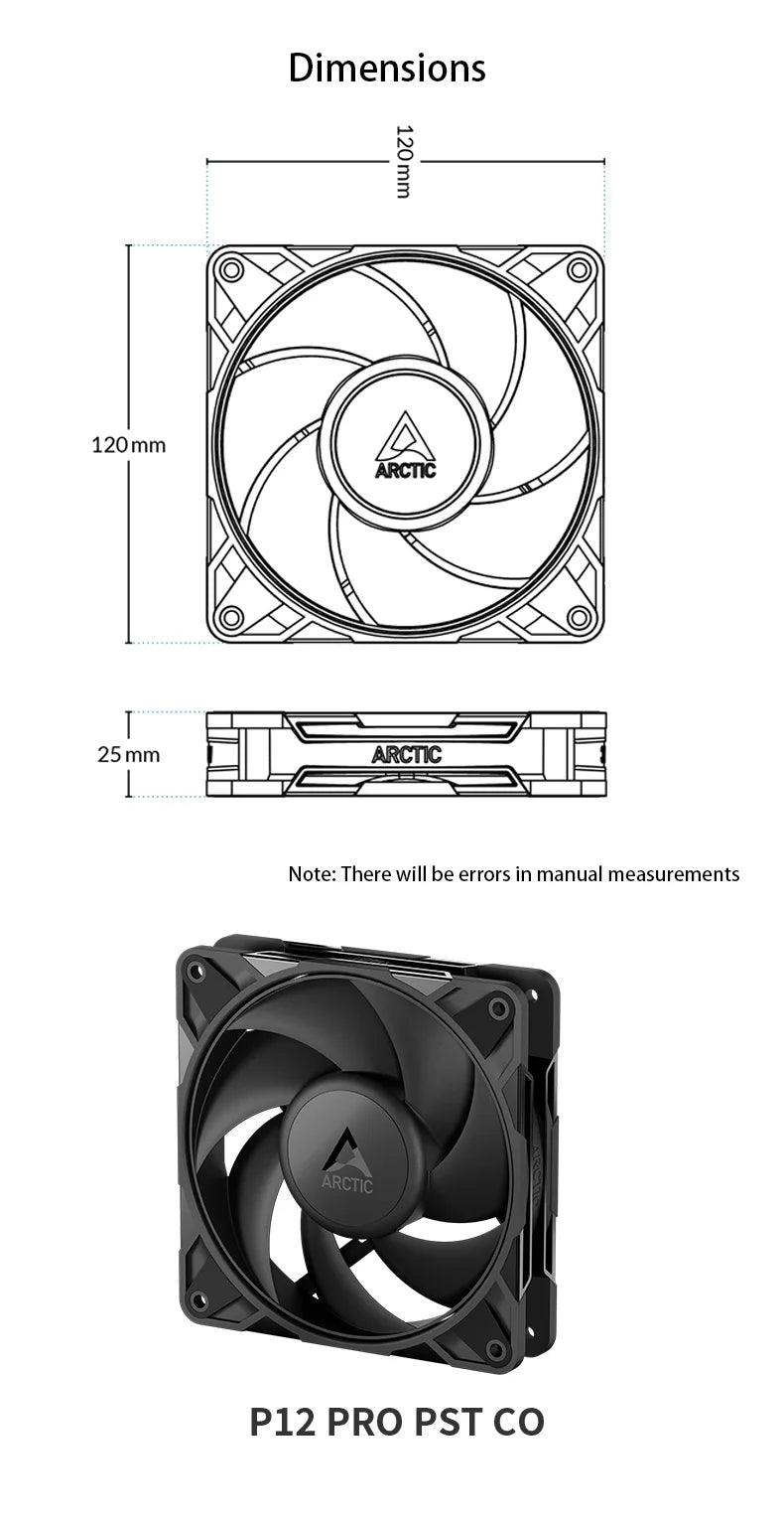 ARCTIC P12 Pro PST CO 120mm Case Fan, PWM Sharing Technology (PST), Dual Ball Bearing for Continuous Operation, 400–3000 rpm
