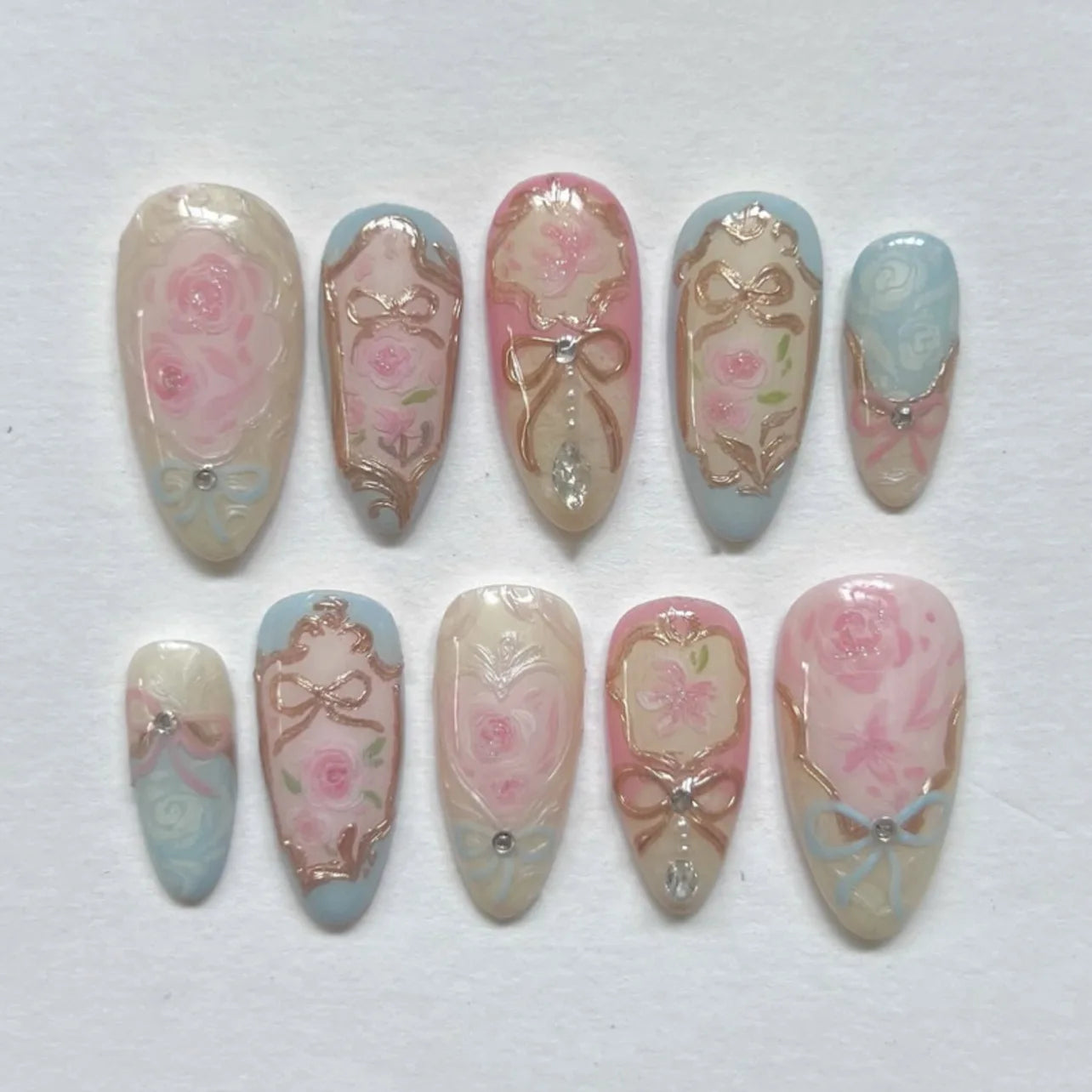24PCS 3D Sweet Pink Flower Almond Press on False Nails with Yellow French Diamonds Fake Nails Artificial Wearable Tips with Glue