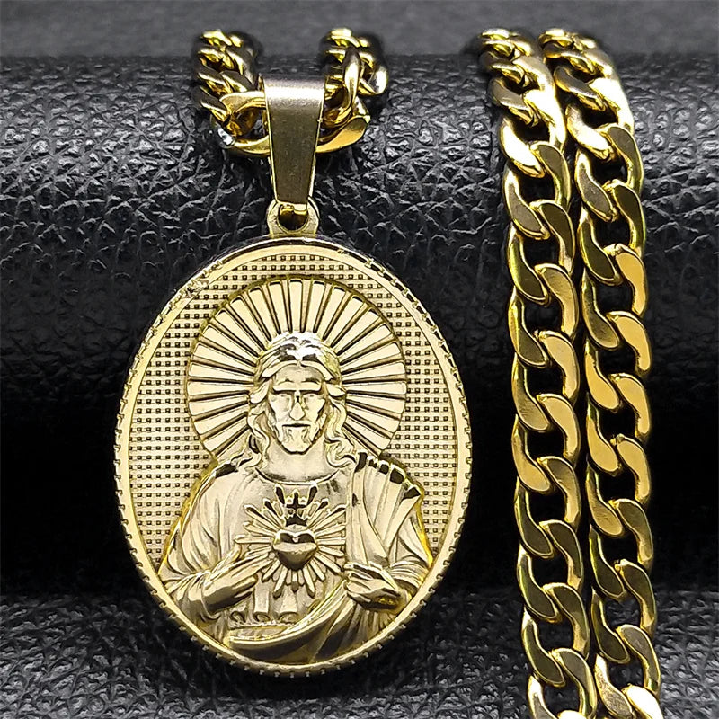 Stainless Steel Cross Jesus Pendant Necklace for Men Gold Color Hip Hop Cuban Chain Religious Crucifix Necklaces Jewelry NZZ470S