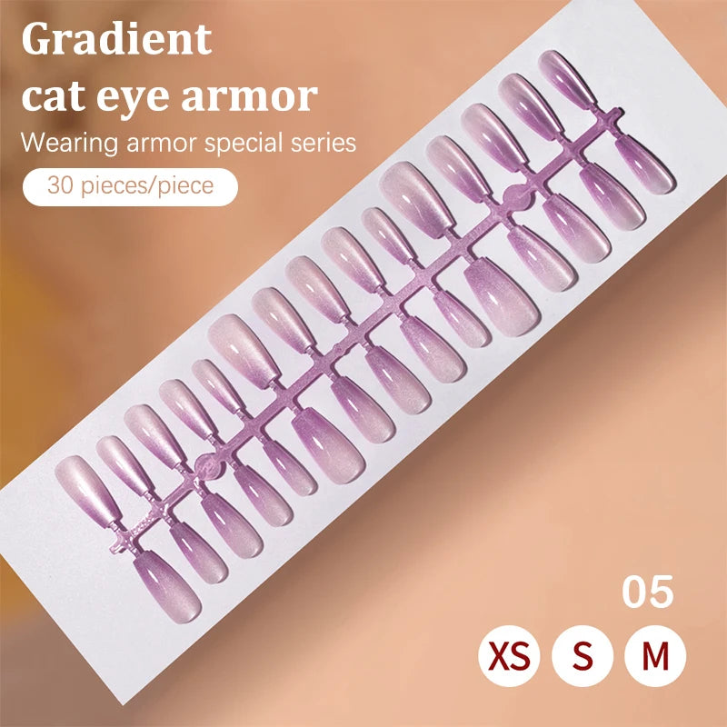 30Pcs Fake Nails French Style Gradient Cat Eyes Press On Full Cover Artificial Three Sizes Available False Nails Nail Enthusias