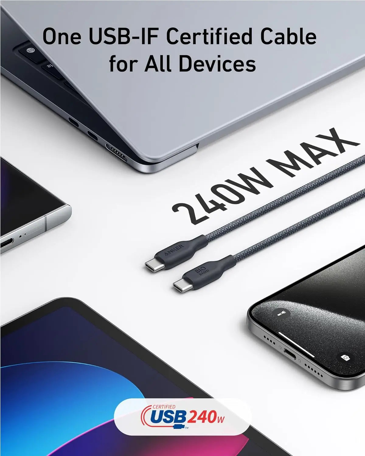 Anker USB C to C Cable (240W, 3 ft), Bio-Braided Fast Charge Cable for iPhone 15/15 Pro, MacBook Pro 2020, iPad Pro 2020