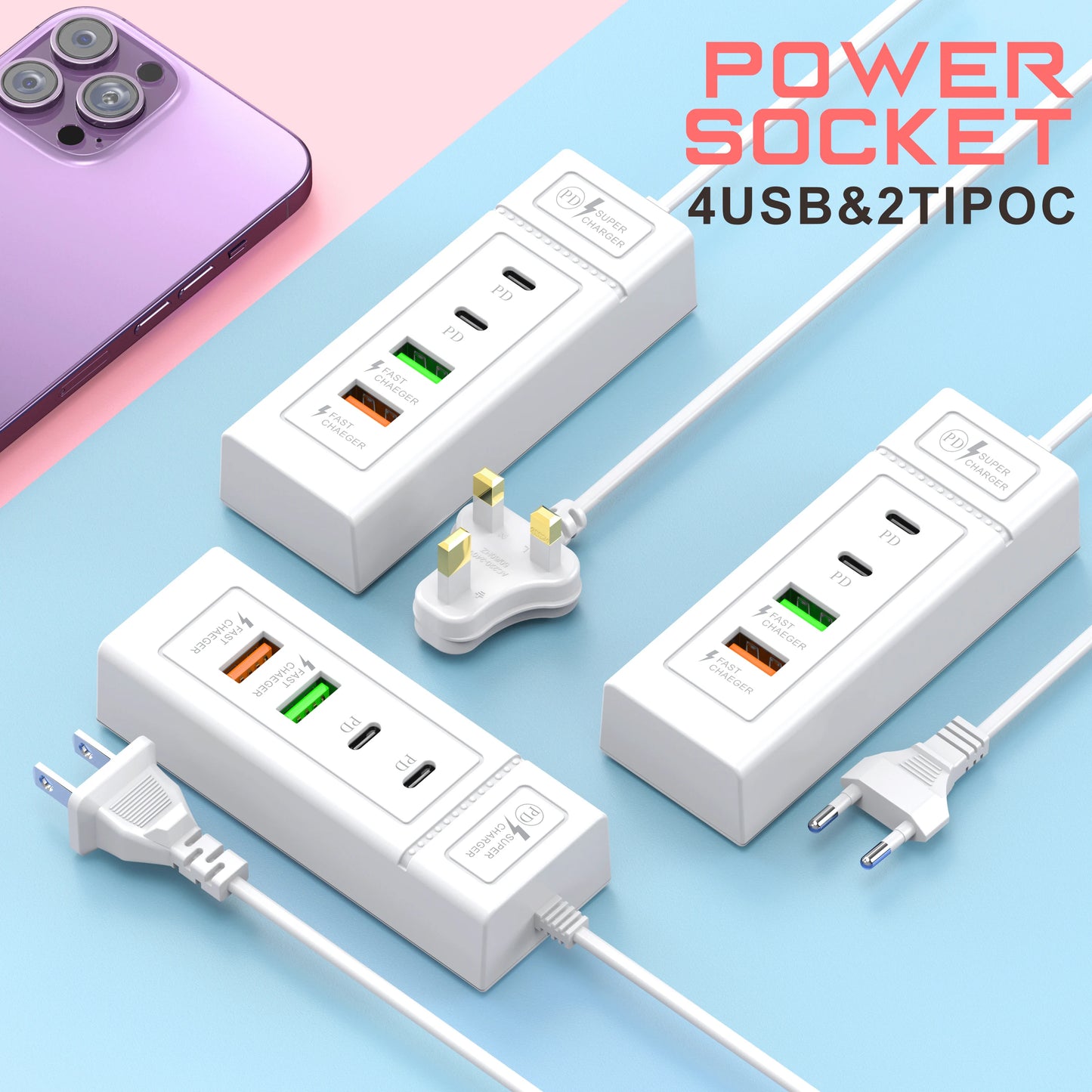 4 Port Fast Charger USB C Power Socket Fast Charging Wall Charger For iPhone 15 14 13 Xiaomi Samsung Mobile Phone Power Adapter