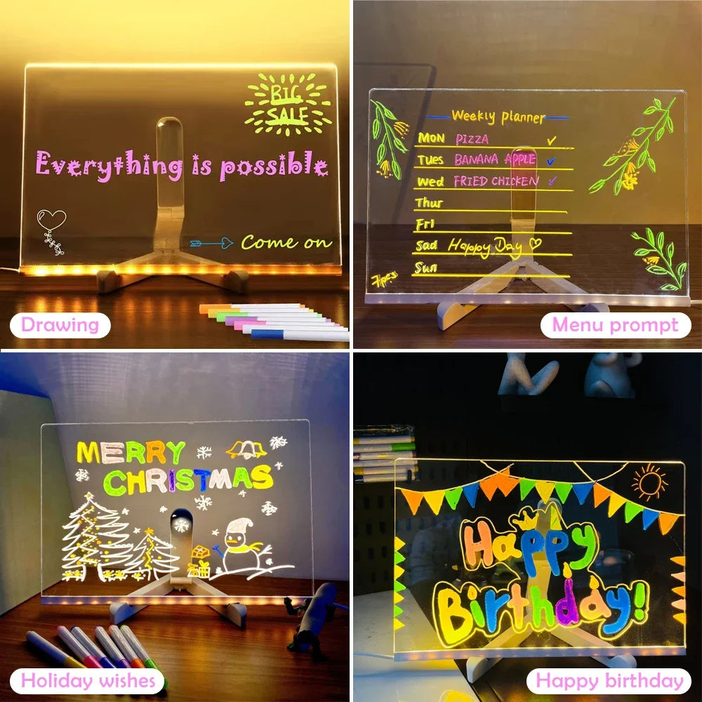 Light Up Acrylic Message Board Rewritable DIY Children's Glowing Drawing Board Message Lamp With Colorful Pens