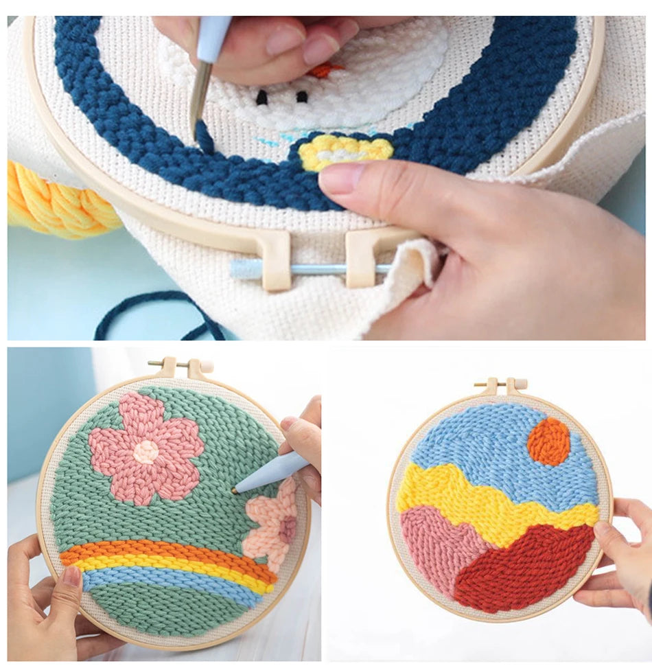 Punch Needle Embroidery Kits For Adults Scenery DIY Craft Yarns Embroidery Set for Beginner Cross Stitch Home Painting Decor