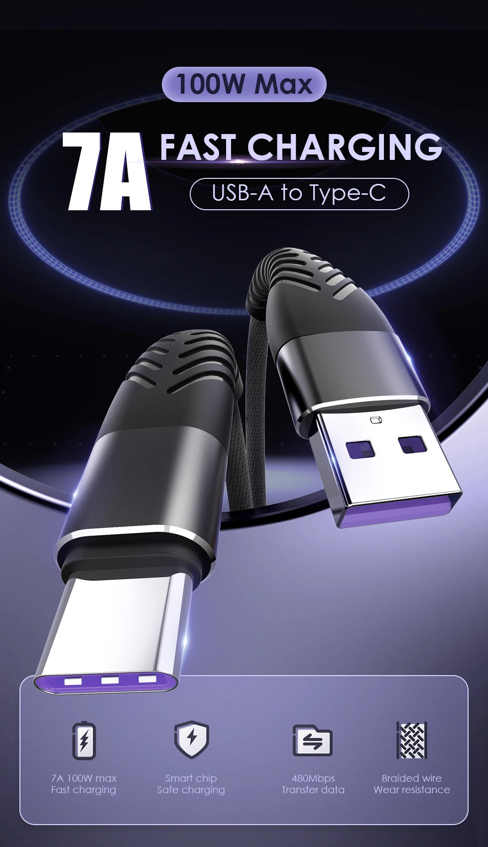7A 100W USB C Cable Fast Charging Type C Date Cable For Samsung Huawei Xiaomi 12 USB C Phone Charger Cable 0.25m 1m 2m 3m