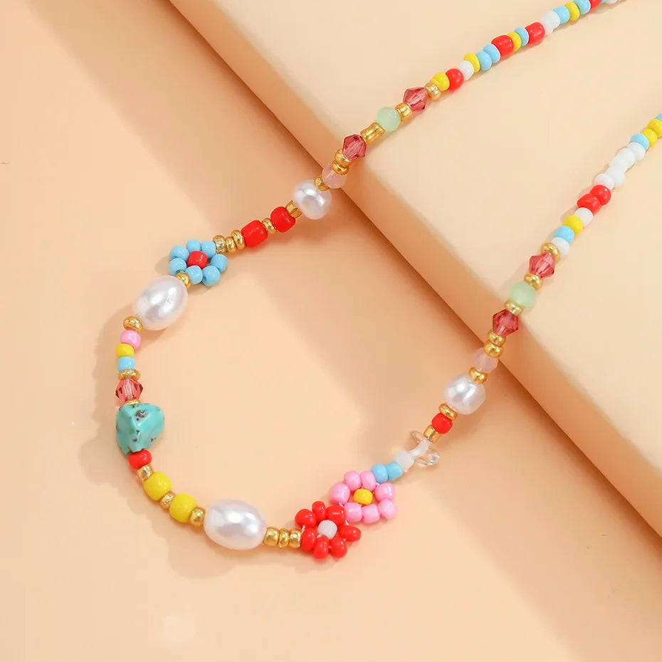 Baroque Simulated Pearls Cute Flowers Colorful Hand-woven Beaded Short Clavicle Chain Choker Necklace For Women Girls Jewelry